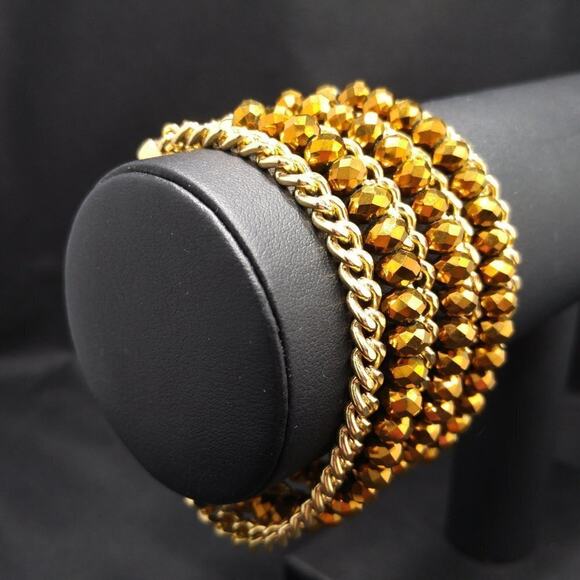 Golden Bronze Crystal Beads & Gold Chain Bracelet, Magnetic Clasp, 7 1/2 Inches - Picture 6 of 8